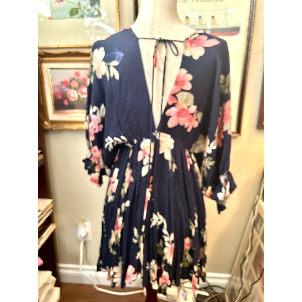 Navy Blue Floral Double V-Neck Mini Dress Size M Ruffle Sleeve Empire Waist - Picture 3 of 6